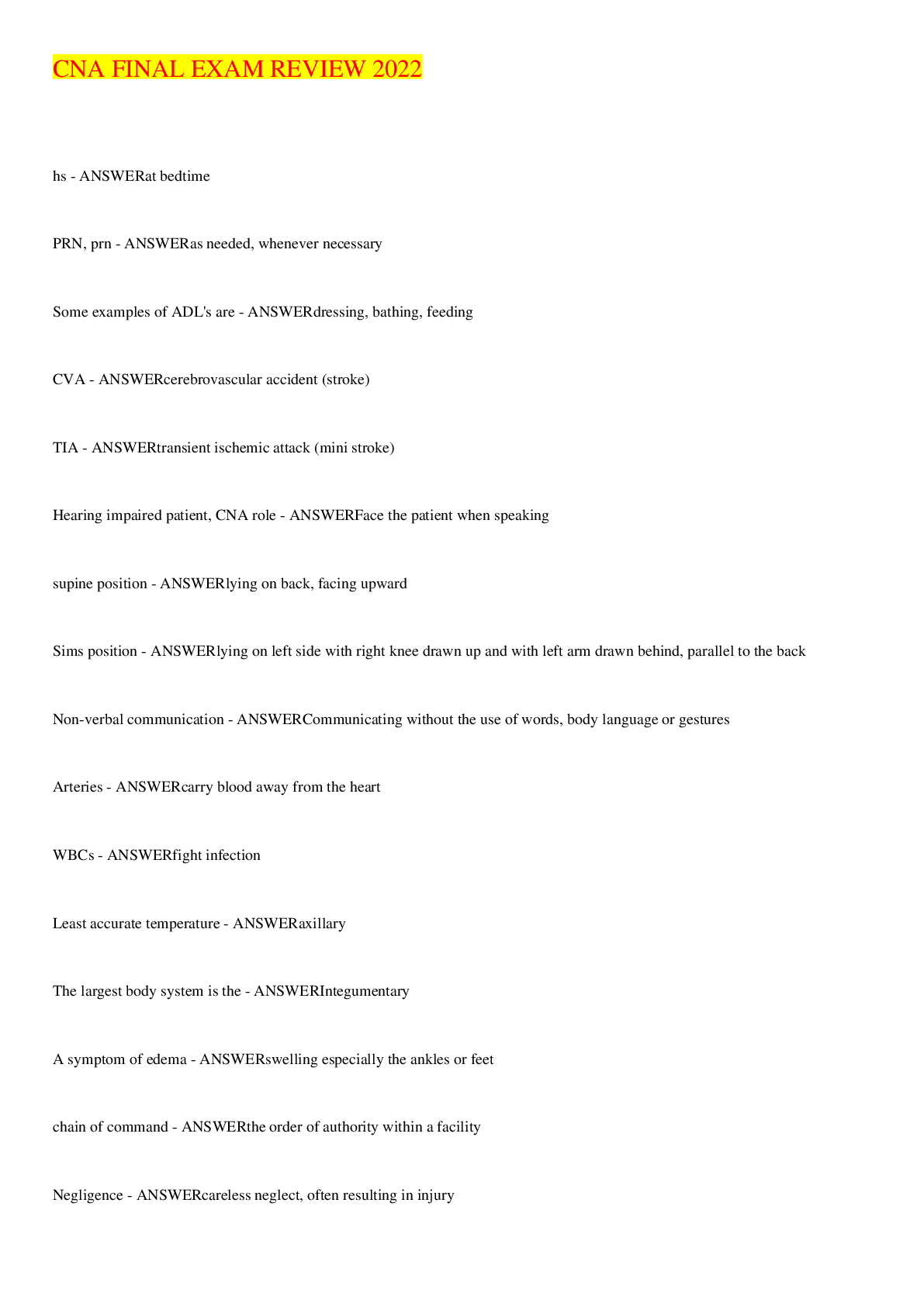 Preview image for CNA FINAL EXAM REVIEW 2022